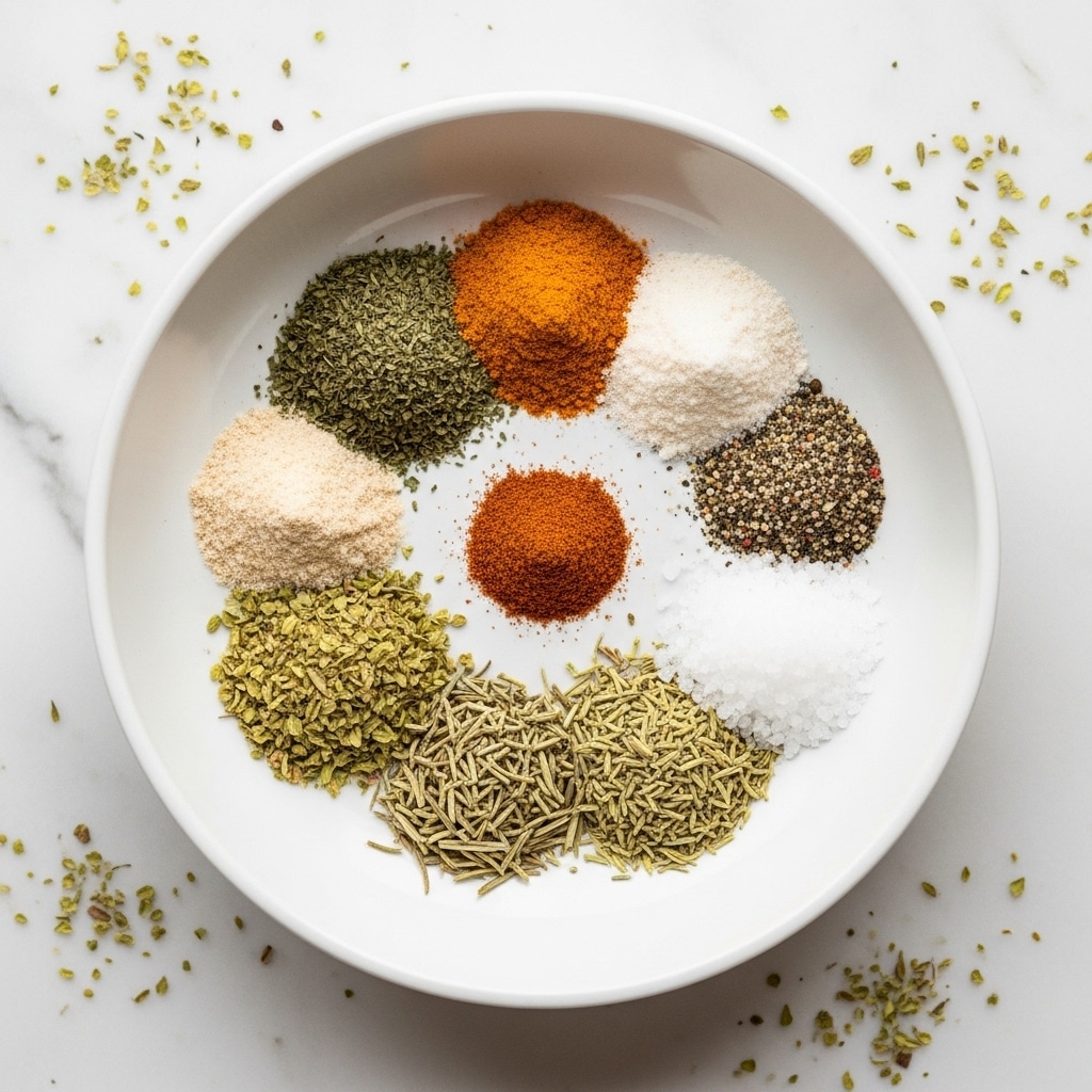 A white bowl sits on a white marbled surface, filled with eight different piles of dried herbs and spices arranged in a circle without mixing. Starting from the top and moving clockwise, there is a dark green, finely chopped herb, followed by a light orange powder, a white powder, a coarse black and white mix resembling pepper, a pile of white salt, yellowish-green oregano leaves, short dried rosemary sticks, and in the center, a small pile of reddish-brown spice powder. The spices have different textures from leafy to powdery, and the surrounding area has scattered small herb pieces. Photo taken with an iphone --ar 4:5 --v 7