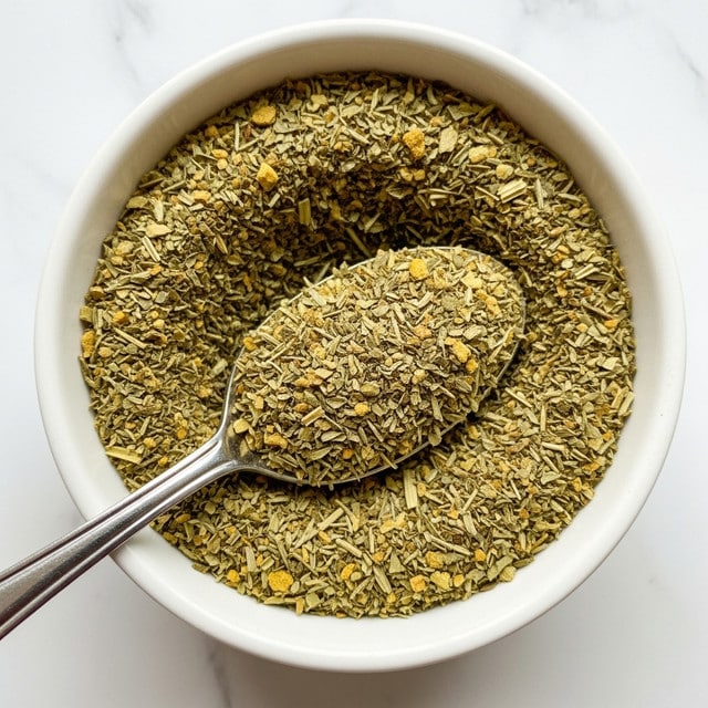 A close-up image of a white bowl filled with a mixture of dried herbs and spices. The mixture shows multiple small pieces in shades of green, yellow, and light brown, creating a coarse, textured appearance. A silver spoon is placed inside the bowl, scooping some of the herb mix, with the herbs resting on the spoon's surface. The background is a white marbled texture, keeping the focus on the herb blend and spoon. photo taken with an iphone --ar 4:5 --v 7