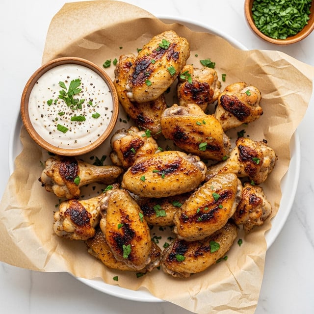 A white plate lined with light brown parchment paper is filled with about a dozen grilled chicken wings showing a golden brown color with some darker charred spots, sprinkled lightly with chopped green herbs. To the top left of the plate is a small wooden bowl filled with a creamy white dipping sauce, garnished with chopped green herbs and cracked black pepper. At the top right of the image, a small wooden bowl holds more chopped green herbs. The whole setting rests on a white marbled surface. photo taken with an iphone --ar 4:5 --v 7