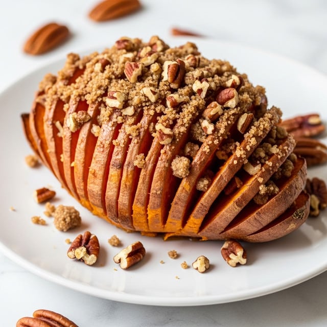 A close-up of a whole sweet potato sliced thinly across its body, creating many orange layers held together, each layer showing a soft, cooked texture with a slightly browned skin on the outside; the top is covered with a crumbly, light brown sugar and pecan mixture, adding a rough texture and nutty pieces, while extra pecans are scattered around the white plate on a white marbled surface. photo taken with an iphone --ar 4:5 --v 7