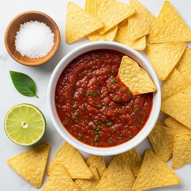 A white bowl filled with red salsa that has small green herb pieces mixed throughout, giving it a textured look. Two triangular pale yellow tortilla chips are dipped into the salsa on the right side of the bowl. Around the bowl, scattered on a white marbled surface, are many more tortilla chips similar in color and texture. On the top left corner, there is a small round wooden bowl filled with coarse white salt, and below it is a half lime with the inside flesh visible. A single green herb leaf is near the lime. Photo taken with an iphone --ar 4:5 --v 7