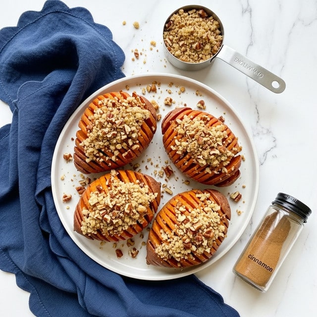 The image shows three whole sweet potatoes sliced thinly in a fan shape, arranged on a white round plate with a white marbled background. Each sweet potato is topped with a crumbly, light beige streusel-like mixture and chopped pecans, adding texture and a nutty touch. The sweet potatoes have a warm orange inside with a slightly crisp, darker skin outside. A metal measuring cup filled with more of the crumbly topping sits above the plate, while a cinnamon jar lies near the bottom right corner. A dark blue cloth with scalloped edges is draped around the plate, adding contrast to the scene. Photo taken with an iphone --ar 4:5 --v 7