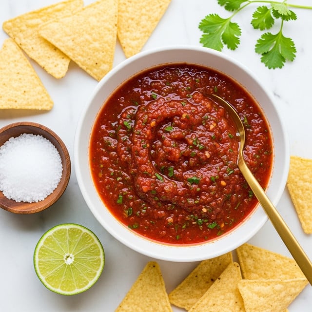 A white bowl filled with a thick, chunky red salsa that has visible small bits of green herbs mixed throughout, with a shiny gold spoon resting inside the bowl on the right side. The bowl sits on a white marbled surface, surrounded by scattered pale yellow triangular tortilla chips. On the left side of the bowl is a small brown wooden bowl filled with coarse white salt, and in front of it is a half-squeezed bright green lime. A small sprig of fresh cilantro peeks out from near the top right side of the bowl. Photo taken with an iphone --ar 4:5 --v 7