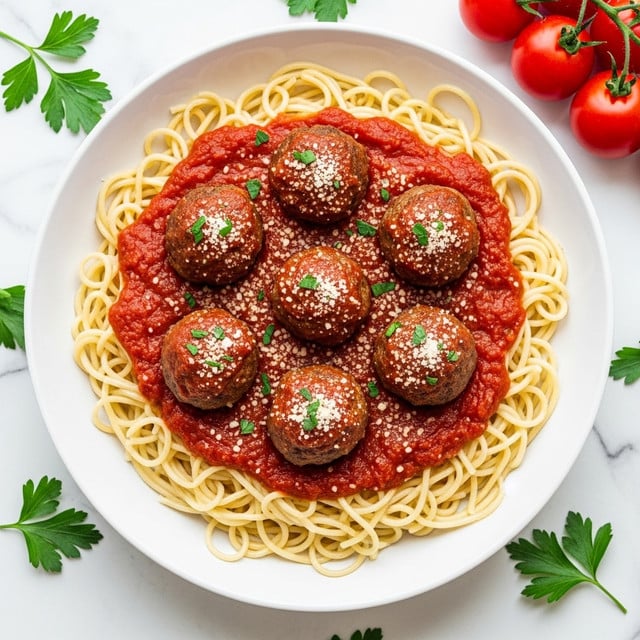 A white round bowl filled with a bed of spaghetti noodles at the bottom, light beige in color and slightly tangled, topped generously with thick red marinara sauce that has visible tomato chunks and herbs. Five evenly spaced, browned meatballs sit on top, each covered with sauce and sprinkled with finely grated white cheese and small pieces of green parsley. The bowl is placed on a white marbled textured surface with fresh green parsley leaves scattered around, and a small bunch of red tomatoes attached to a vine is visible near the top right edge. photo taken with an iphone --ar 4:5 --v 7
