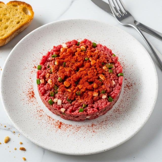 A round, raw beef tartare patty sits in the center of a white speckled plate, the meat a bright red mixed with small green and white bits of herbs and onions. The top is sprinkled evenly with a layer of red paprika, adding contrast to the rich red meat. The plate rests on a white marbled surface, with light brown crumbs scattered nearby. To the left, there is a corner of a toasted golden-brown bread slice, and in the top right, two silver forks lie crossed casually. photo taken with an iphone --ar 4:5 --v 7