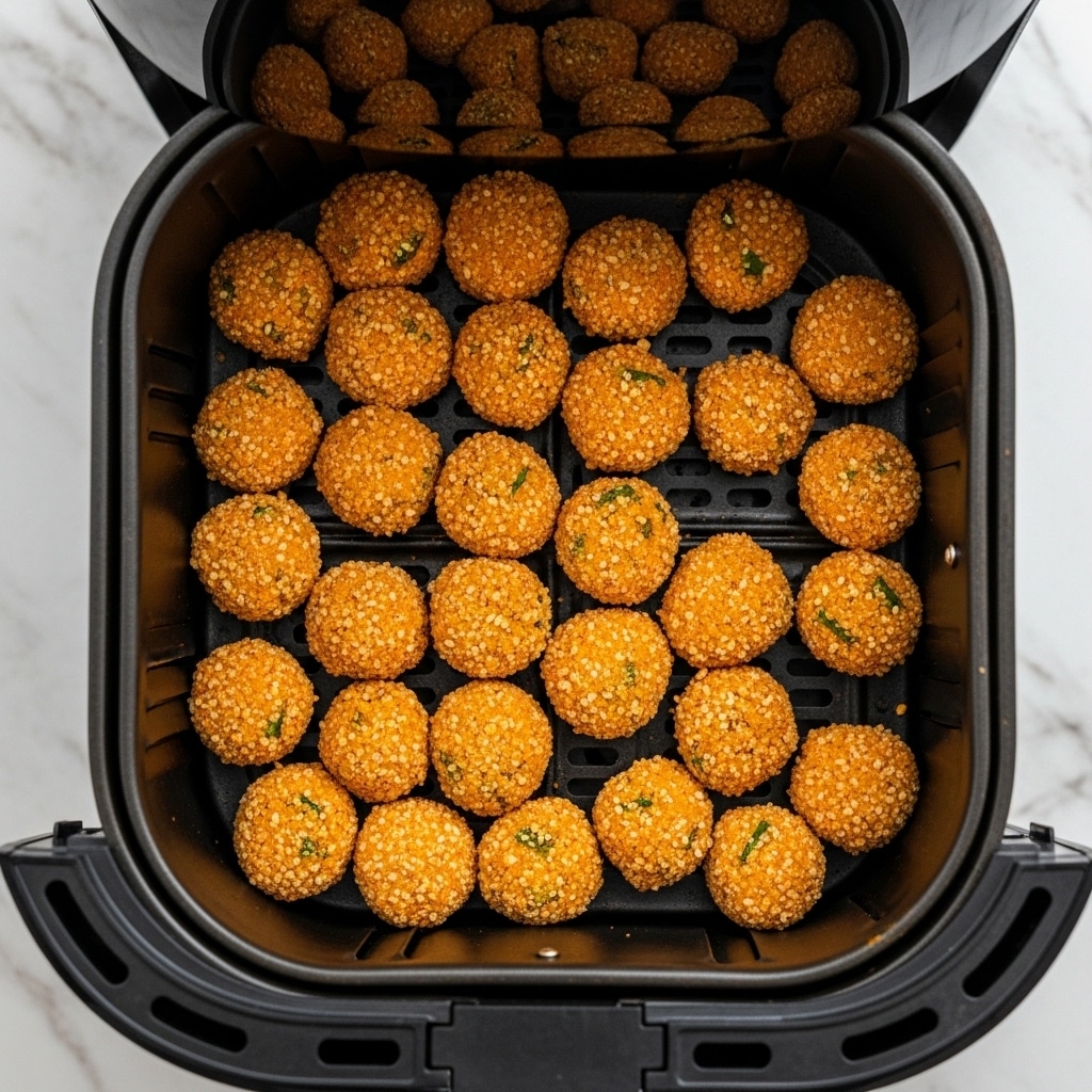The image shows a black air fryer basket filled with a single layer of small, round, golden-brown orange-breaded pieces of fried food. The pieces have a crispy texture with some green bits visible inside. The air fryer is open, and the food is evenly spread across the bottom without overlapping. The background is a white marbled surface. photo taken with an iphone --ar 4:5 --v 7