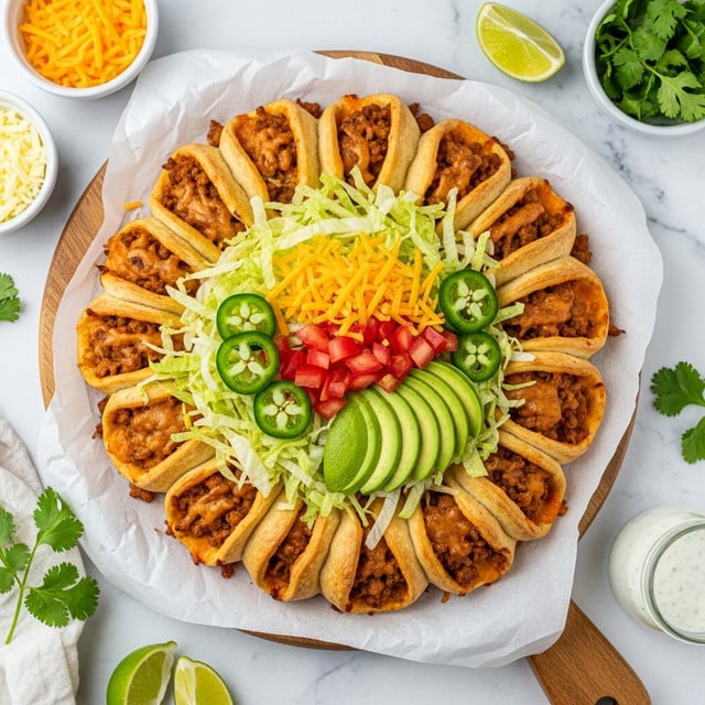 A round dish made of folded golden-brown baked dough pieces arranged in a circle on white parchment paper over a wooden board, each fold revealing a layer of cooked ground meat with melted cheese inside, topped in the center with a colorful pile of shredded light green lettuce, bright orange shredded cheddar cheese, diced red tomatoes, thin green jalapeño slices, and neatly sliced green avocado fanned out, placed on a white marbled surface with bowls of shredded cheese, fresh cilantro, lime wedges, and a jar of white sauce around it, photo taken with an iphone --ar 4:5 --v 7