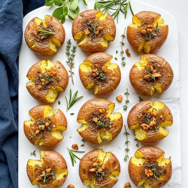 A white marble board holds eleven smashed roasted potatoes, each roughly broken into 3-5 pieces with golden-brown crispy edges and soft, light yellow insides. The potatoes' skins are a mix of reddish and brown hues, showing a rustic look. Each potato is topped with small bits of browned garlic, herbs like rosemary and thyme scattered around and on top, adding green flecks and texture. A dark blue cloth is partially visible in the top left corner, with fresh green herbs placed near the top edge. The whole scene is bright with natural light highlighting the crispy textures of the potatoes. photo taken with an iphone --ar 4:5 --v 7