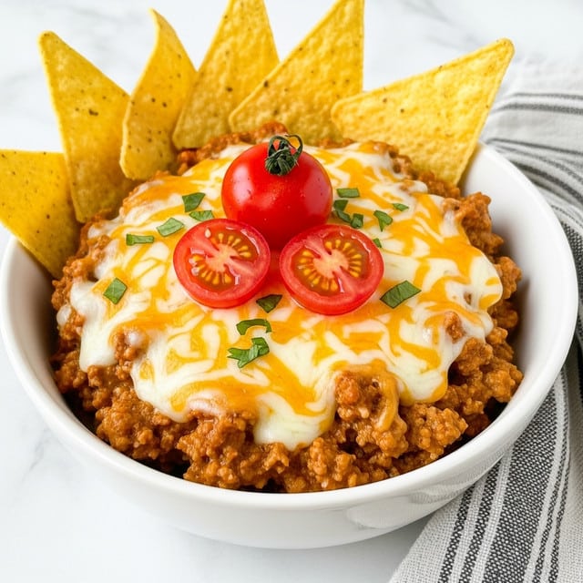 A white bowl holds a layered dish starting with a base of thick, chunky brown ground meat mixed with a creamy sauce, topped by a layer of melted orange and white cheese that looks gooey and soft. On top sit three bright red cherry tomatoes, one whole and two sliced, adding fresh color. Several triangular yellow corn tortilla chips are partially inserted into the side of the dish, crispy-looking and slightly dusted with seasoning. Small green herb pieces are sprinkled over the top. The bowl is placed on a white marbled surface with a grey and white striped cloth near the bottom right corner. photo taken with an iphone --ar 4:5 --v 7