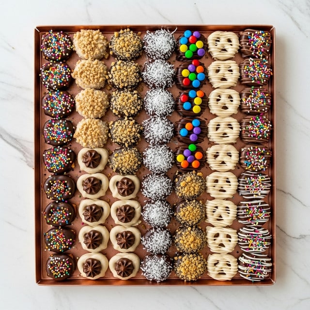 A large rose gold tray filled with eight neat rows of small pretzels covered in various toppings lies on a white marbled surface. The first column shows pretzels coated in dark chocolate with colorful rainbow sprinkles. The second column has pretzels coated in chocolate with crushed nuts. The third column features pretzels covered in dark chocolate and sprinkled with shredded white coconut. The fourth column has pretzels topped with dark chocolate and small colorful candy pieces. The fifth column shows plain chocolate-covered pretzels with chocolate dollops in the center. The sixth column is coated in dark chocolate with crushed golden crumbs. The seventh column has pretzels drizzled in white chocolate, and the eighth column mostly shows chocolate-covered pretzels with rainbow sprinkles scattered on top. photo taken with an iphone --ar 4:5 --v 7