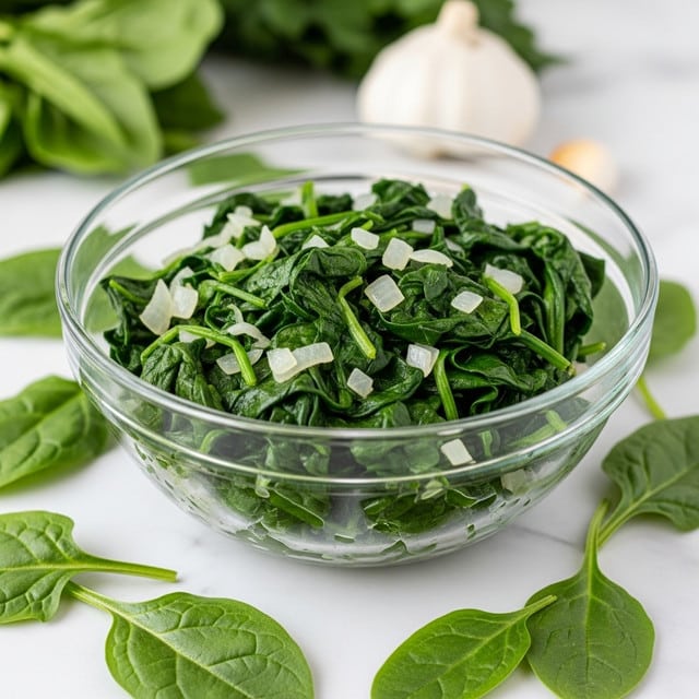 A clear glass bowl filled with cooked spinach leaves that are dark green and slightly shiny, mixed with small pieces of translucent cooked onions spread evenly throughout. Around the bowl, a few fresh, bright green spinach leaves lay scattered on a white marbled surface. In the blurry background, a bulb of garlic and some green leafy vegetables can be seen. The dish looks fresh and simple, with a clear focus on the vibrant spinach and onion mix. photo taken with an iphone --ar 4:5 --v 7