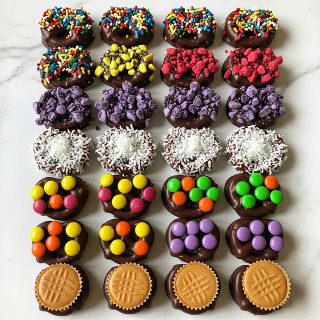 The image shows multiple rows of chocolate covered pretzels placed on a white marbled surface, each decorated with a different topping. The first row has pretzels covered in dark chocolate with colorful sprinkles, showing layers of shiny dark brown chocolate and bright multicolor sprinkles on top. The second row has dark chocolate pretzels topped with small crushed candy pieces with shades of purple, yellow, and red. The third row includes dark chocolate pretzels sprinkled with white coconut shreds, creating a rough textured layer over smooth chocolate. The fourth row shows dark chocolate pretzels decorated with small round candy pieces in bright pink, yellow, orange, green, and purple on top. The last row has dark chocolate pretzels topped with a creamy, light brown peanut butter cup in the center, all arranged neatly. photo taken with an iphone --ar 4:5 --v 7