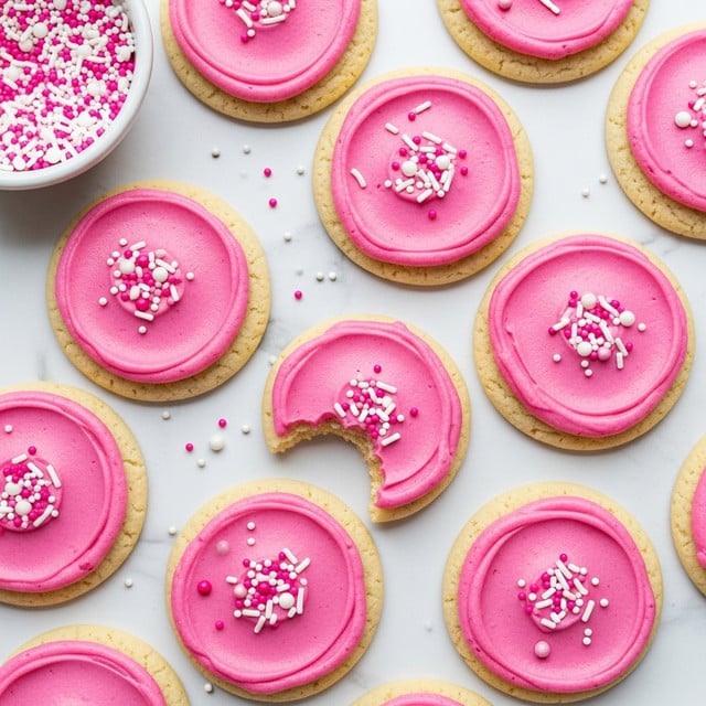 A group of round sugar cookies arranged on a white marbled surface, each cookie has a thick base layer of pale beige dough topped with a smooth but slightly swirled layer of bright pink frosting that spreads evenly across the top. The frosting is decorated with small white and pink sprinkles scattered randomly over each cookie. One cookie near the center has a bite taken out of it, showing the soft interior. In the top left corner, a white bowl filled with extra white and pink sprinkles is partially visible. photo taken with an iphone --ar 4:5 --v 7