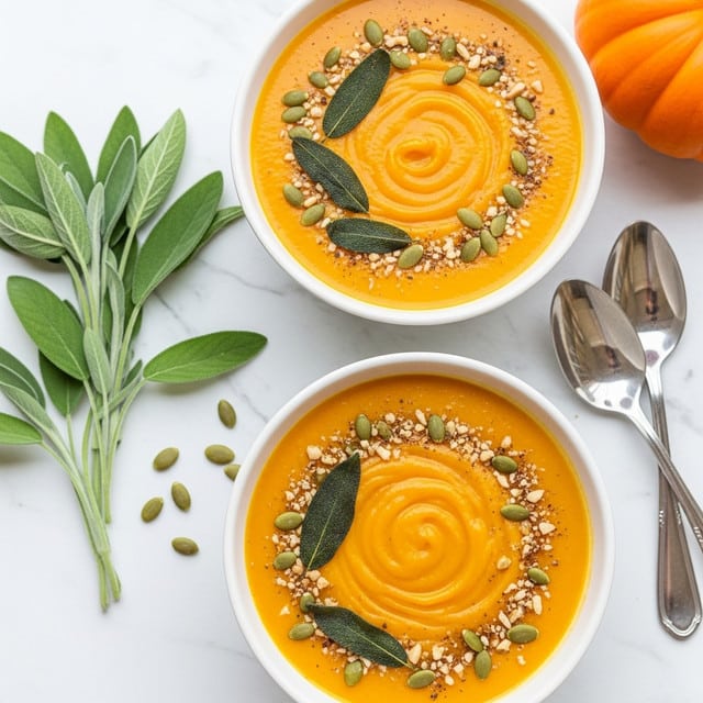 Two white bowls filled with smooth, bright orange pumpkin soup sit on a white marbled surface. Each bowl has a swirl pattern on top, decorated with green crispy sage leaves and scattered pale green pumpkin seeds. A sprinkle of light brown spices and small bits of crushed nuts add texture across the surface of the soup. Nearby, fresh green sage leaves, two silver spoons, and part of a bright orange pumpkin add to the autumn feel. photo taken with an iphone --ar 4:5 --v 7