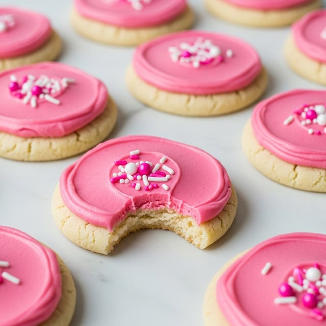The image shows several round sugar cookies laid out on a white marbled surface. Each cookie has a thick base layer of light tan dough, topped with a thick, smooth layer of bright pink frosting spread evenly over the entire top. On the frosting, there are small white and pink sprinkle decorations scattered across. One cookie in the foreground has a bite taken out of it, showing the soft cream color inside. The cookies have a soft, slightly rough texture on the edges and a creamy look on the frosting. photo taken with an iphone --ar 4:5 --v 7