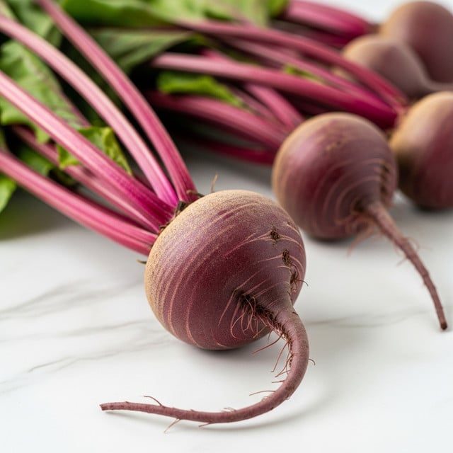 A bunch of fresh purple beets with long, bright pink stems and a few green beet leaves are laid on a white marbled surface. The focus is on one large beet in the foreground with a rough, slightly dusty texture and a curved root tip extending downward. Other beets and leaves are softly blurred in the background, creating depth in the image. photo taken with an iphone --ar 4:5 --v 7