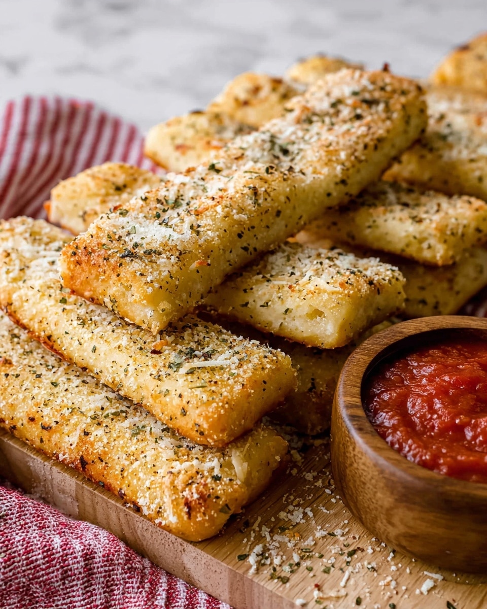 The image shows several golden-brown breadsticks stacked on a wooden board, each covered with a layer of grated cheese and sprinkled with dried herbs and black pepper. The breadsticks have a slightly crispy, textured surface and are rectangular in shape. To the right, there is a small round wooden bowl filled with red marinara sauce. The background is a white marbled texture, and a striped red and white cloth is partially visible under the board. Photo taken with an iphone --ar 4:5 --v 7