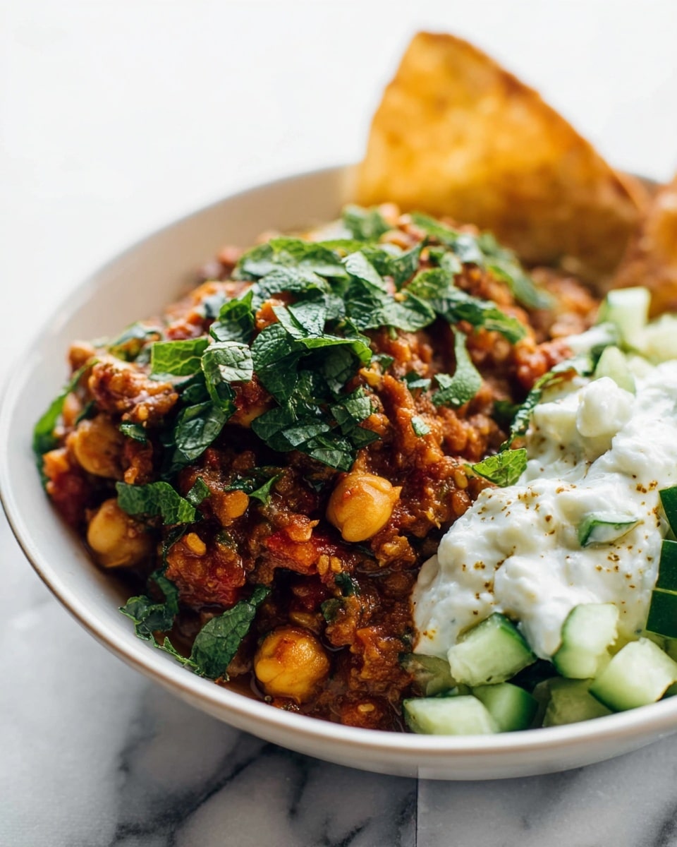 The dish consists of a thick, chunky brown layer filled with soft golden chickpeas and bits of red tomato, topped with bright green herb leaves. On the right side, there is a white creamy topping with some green herbs mixed in, sitting next to fresh white and green cucumber pieces cut into small chunks. The food is served in a shallow, round white bowl, placed on a white marbled surface, with a crispy golden brown chip peeking out from the back left of the bowl. photo taken with an iphone --ar 4:5 --v 7