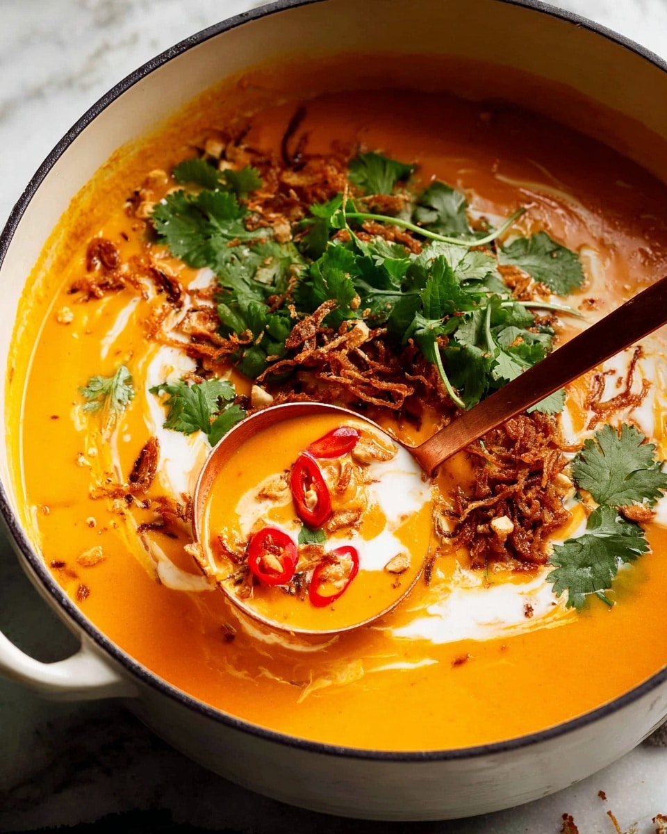 A large white pot filled with thick, bright orange soup that has a smooth texture. On top of the soup, there are several layers: a swirl of white cream, thin slices of red chili peppers, a handful of fresh green cilantro leaves, and a sprinkle of crispy brown fried shallots. A copper ladle is dipped into the soup, lifting a spoonful that shows a mix of the orange soup, cream, chili slices, and shallots. The background has a white marbled texture. photo taken with an iphone --ar 4:5 --v 7