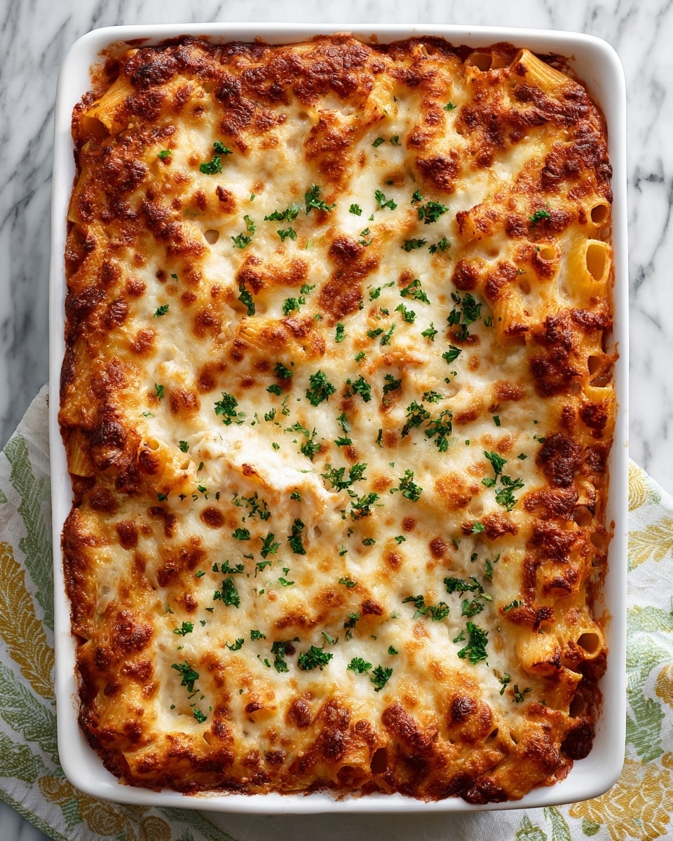 A white rectangular baking dish filled with baked pasta layered in three parts: the bottom layer shows rigatoni tubes covered in a thick red tomato sauce, the middle layer has melted creamy white cheese mixed with the sauce, and the top layer is a golden-brown bubbly cheese crust with some browned spots. Small pieces of bright green chopped parsley are scattered evenly on top, adding color contrast. The dish sits on a white marbled surface with a cloth underneath, partially visible with green and yellow patterns. photo taken with an iphone --ar 4:5 --v 7