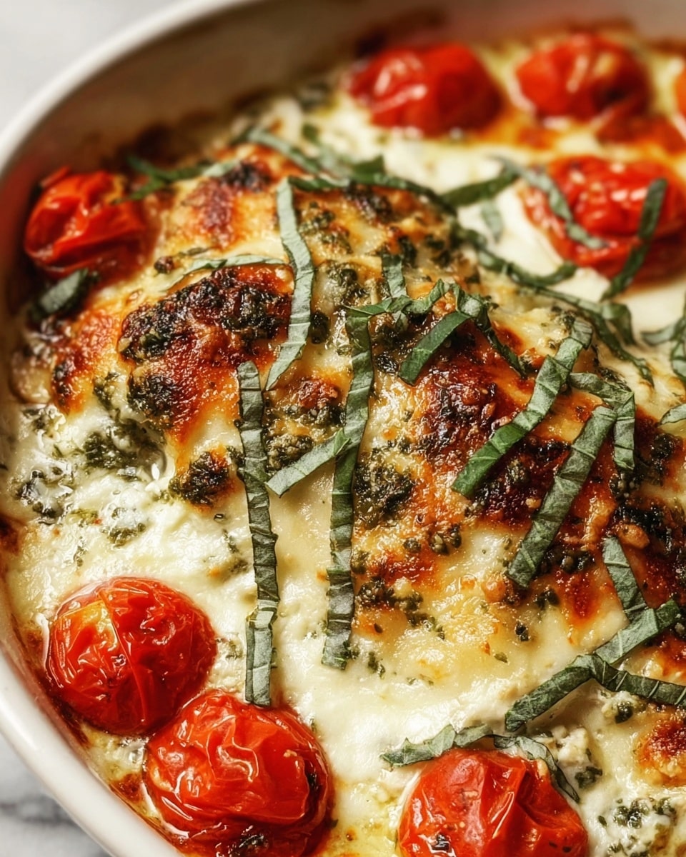 A close-up of a cooked fillet of fish with a golden brown crust on top, showing some crispy charred spots. The fish has a creamy white sauce with green herb flecks spread over and around it. Bright red cherry tomatoes are placed on the sides, softened from cooking. Freshly chopped green basil leaves are sprinkled on top, adding a fresh touch. All of this sits on a white plate with a white marbled surface in the background. Photo taken with an iphone --ar 4:5 --v 7