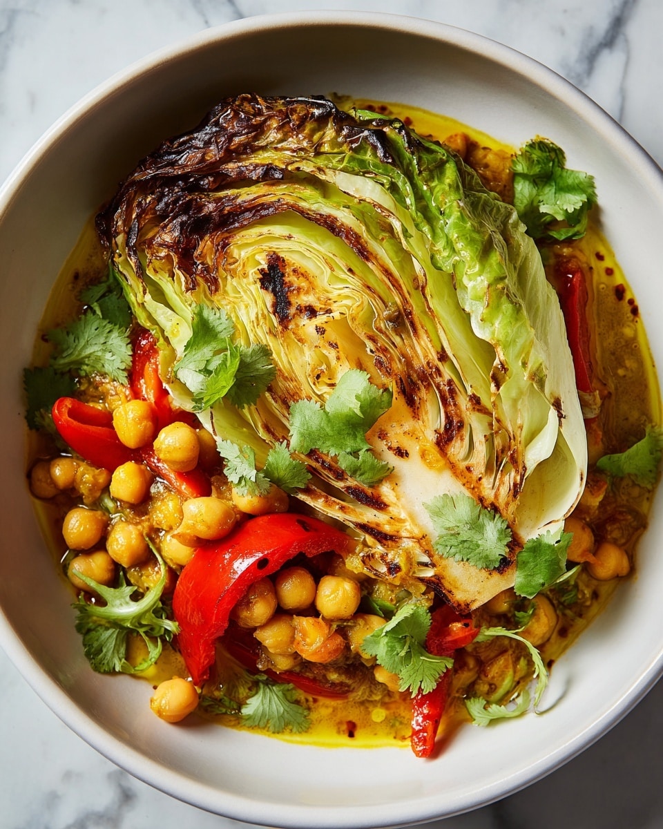 A white bowl holds a dish with three main layers: at the bottom, there is a yellow curry sauce mixed with small round chickpeas; the middle layer features bright red sliced bell peppers and scattered green cilantro leaves, adding color and freshness; on top, a large, grilled wedge of cabbage with charred edges and light green to brown tones covers the center. The bowl is placed on a white marbled surface. Photo taken with an iphone --ar 4:5 --v 7