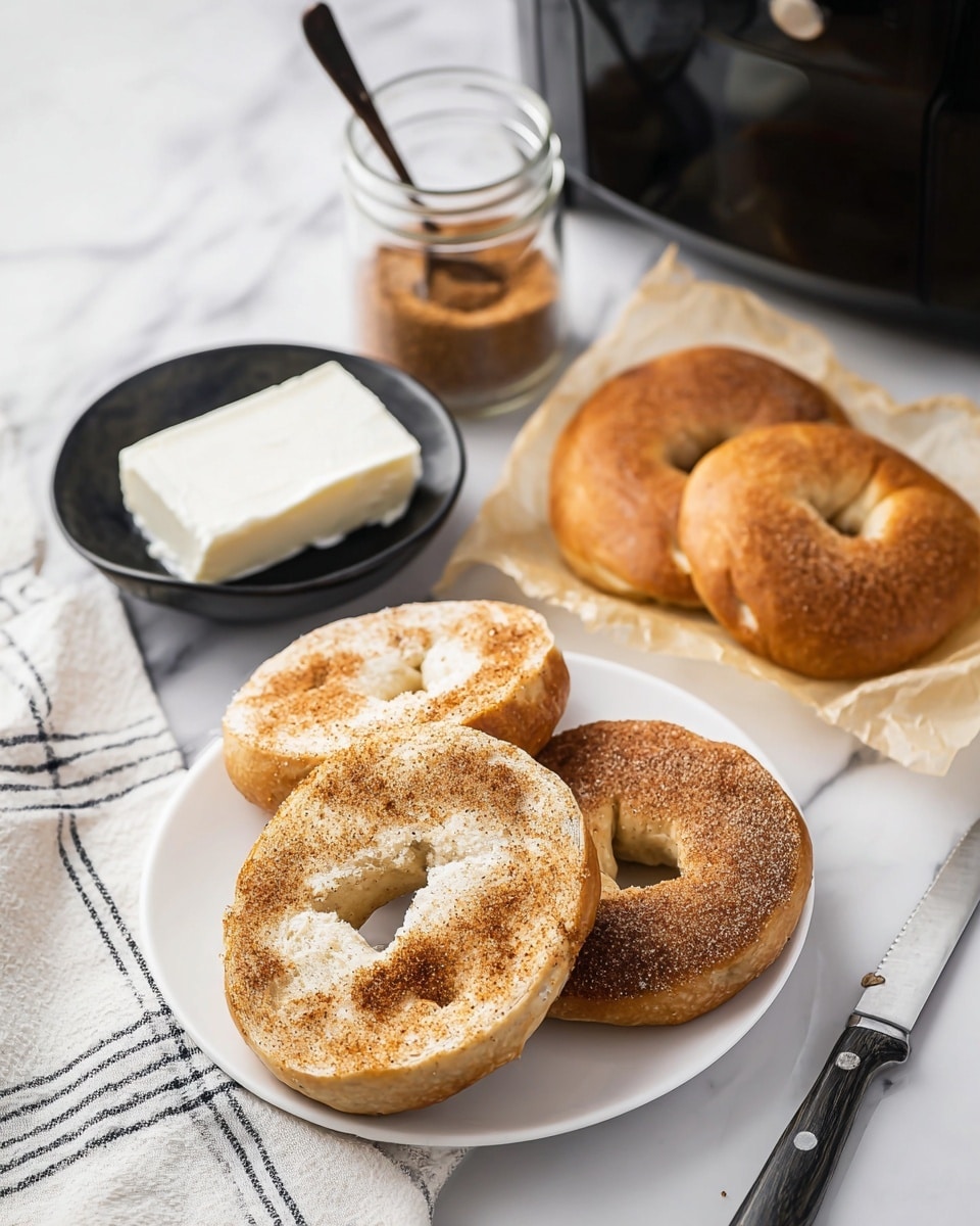 Three toasted bagel halves sit on a white plate, each coated with a layer of light brown cinnamon sugar. The bagels have a slightly rough texture from the toasting and sugar. To the right, two whole plain bagels rest on crumpled parchment paper, showing a smooth golden-brown crust. Behind the plate, a small black bowl holds a block of white cream cheese with a spreader knife resting on top. Next to the bowl, a glass jar with brown cinnamon sugar and a spoon adds detail. The scene is on a white marbled surface with part of a white and black striped cloth visible on the left. Photo taken with an iphone --ar 4:5 --v 7