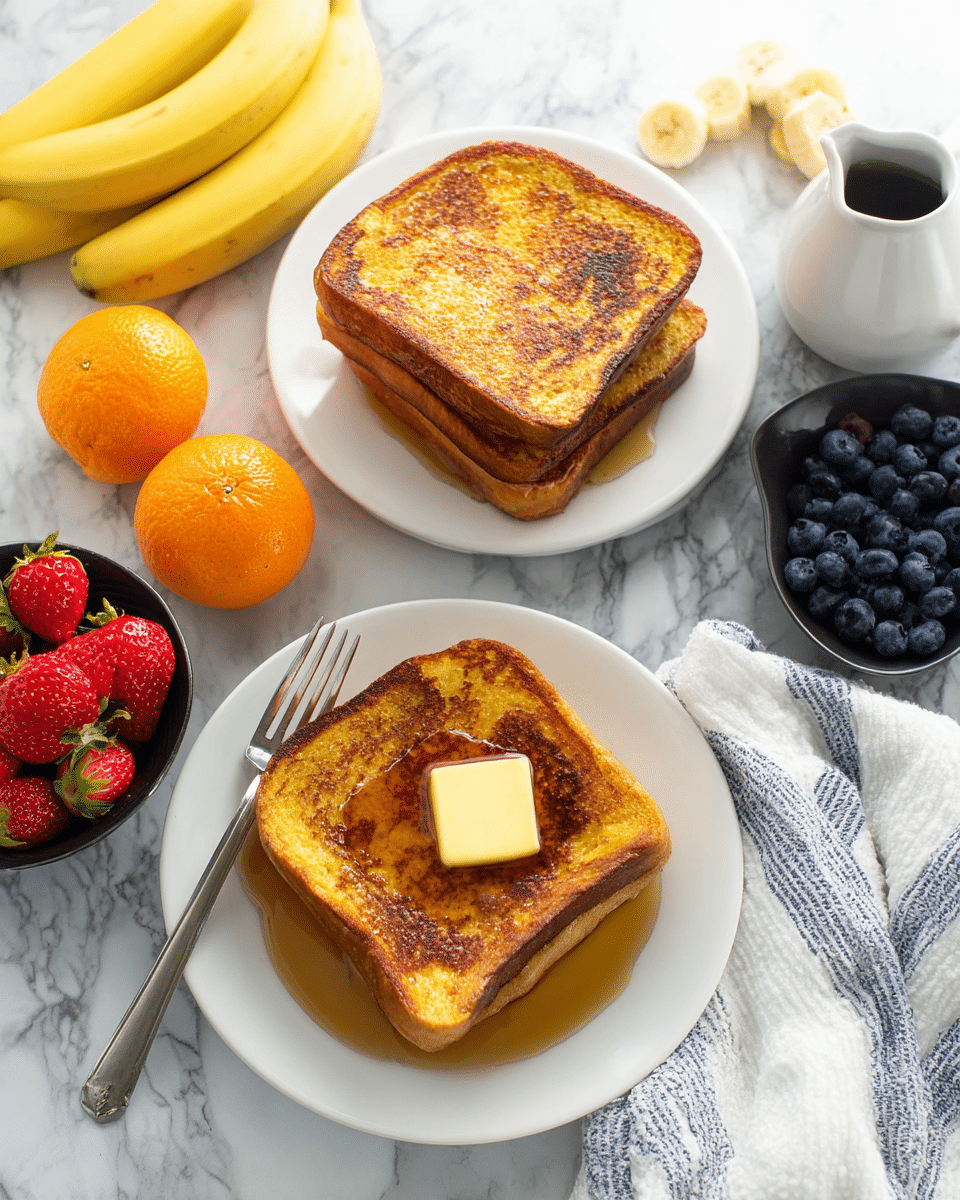 Two stacks of golden-brown French toast sit on white plates, each stack with two slices. The stack at the bottom has a square pat of melting butter on top with syrup glistening over it, and a silver fork rests beside the toast on the plate. The other stack shows evenly toasted slices with a rich brown color. Surrounding the plates are fresh strawberries in a white bowl on the left, two bright orange mandarins, a white bowl full of blueberries, a bunch of ripe yellow bananas, and a white syrup pitcher. Everything is placed on a white marbled surface, and a white and blue striped cloth is nearby. photo taken with an iphone --ar 4:5 --v 7