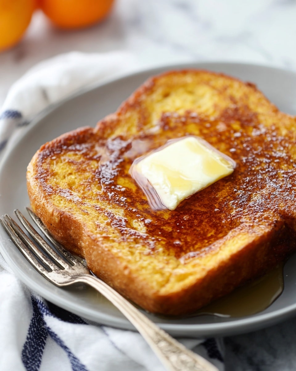A close-up image of a single, thick slice of golden-brown French toast on a white plate. The toast has a crispy yet soft texture with slightly darker edges. On top, a small square of melting butter sits in the center, partially covered by a shiny layer of maple syrup that glistens under the light. To the side of the plate, a vintage fork with intricate designs rests on a lightly wrinkled white cloth with navy stripes. The background is a soft, white marbled surface with blurred oranges in the distance, creating a fresh breakfast setting photo taken with an iphone --ar 4:5 --v 7