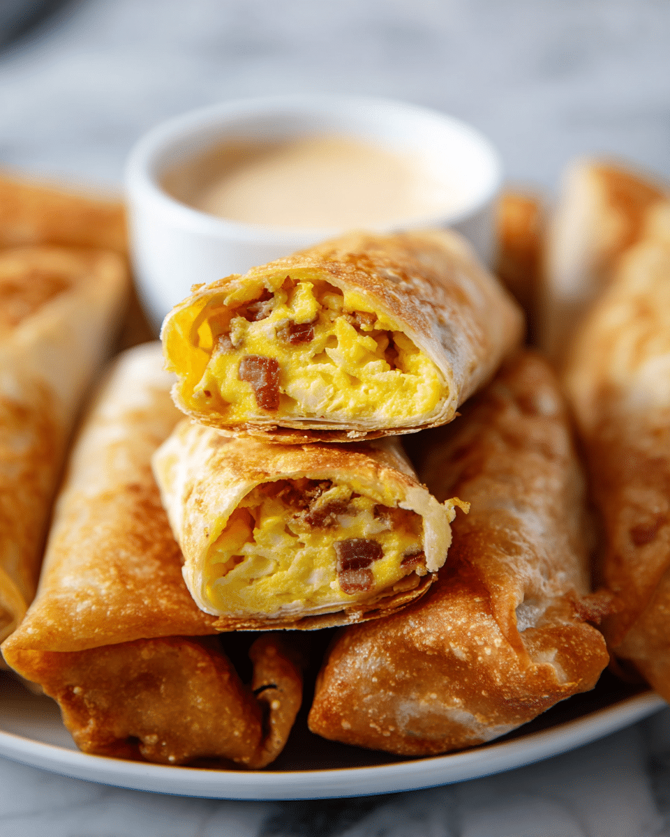 The image shows a close-up view of folded breakfast burritos stacked on a white plate, all with a golden-brown crispy outer layer that looks flaky and slightly oily. The front burrito is cut open to show two inside layers: the outer layer is a light brown crispy tortilla wrapping, and inside it is scrambled eggs with a bright yellow color mixed with small bits of reddish-brown bacon or ham. In the background, there is a small white bowl filled with a creamy light beige sauce, placed on a white marbled surface. photo taken with an iphone --ar 4:5 --v 7