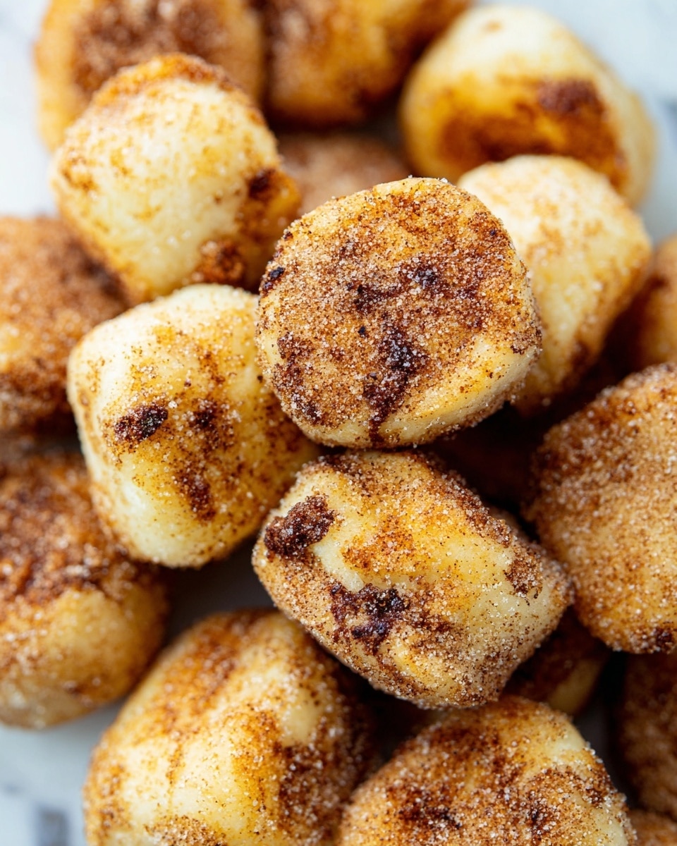 A close-up shot of golden brown bite-sized dough pieces covered in a coating of granulated sugar and cinnamon, giving them a slightly rough texture and speckled appearance with dark brown cinnamon swirls visible throughout. The dough pieces have an irregular round shape and look soft and fluffy on the inside, with some parts showing a light crust from frying or baking. The background is a white marbled texture, making the warm tones of the dough pieces stand out vividly. photo taken with an iphone --ar 4:5 --v 7