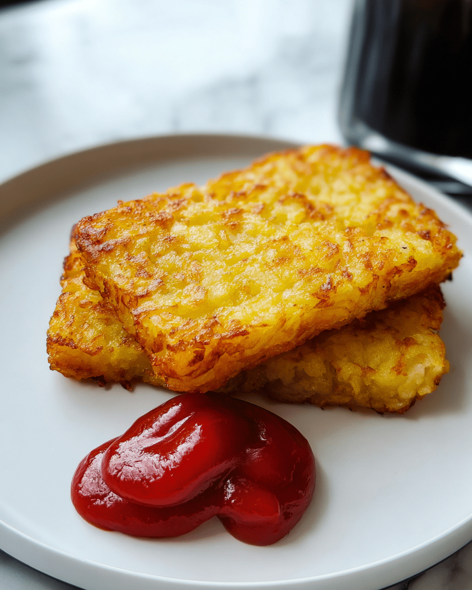 Two golden brown rectangular hash browns are stacked slightly askew on a white plate, showing a crispy textured surface with small bits of potato visible. To the right of the hash browns is a small pile of bright red ketchup with a glossy and smooth texture. The plate is set on a white marbled surface with soft, natural lighting. Photo taken with an iphone --ar 4:5 --v 7