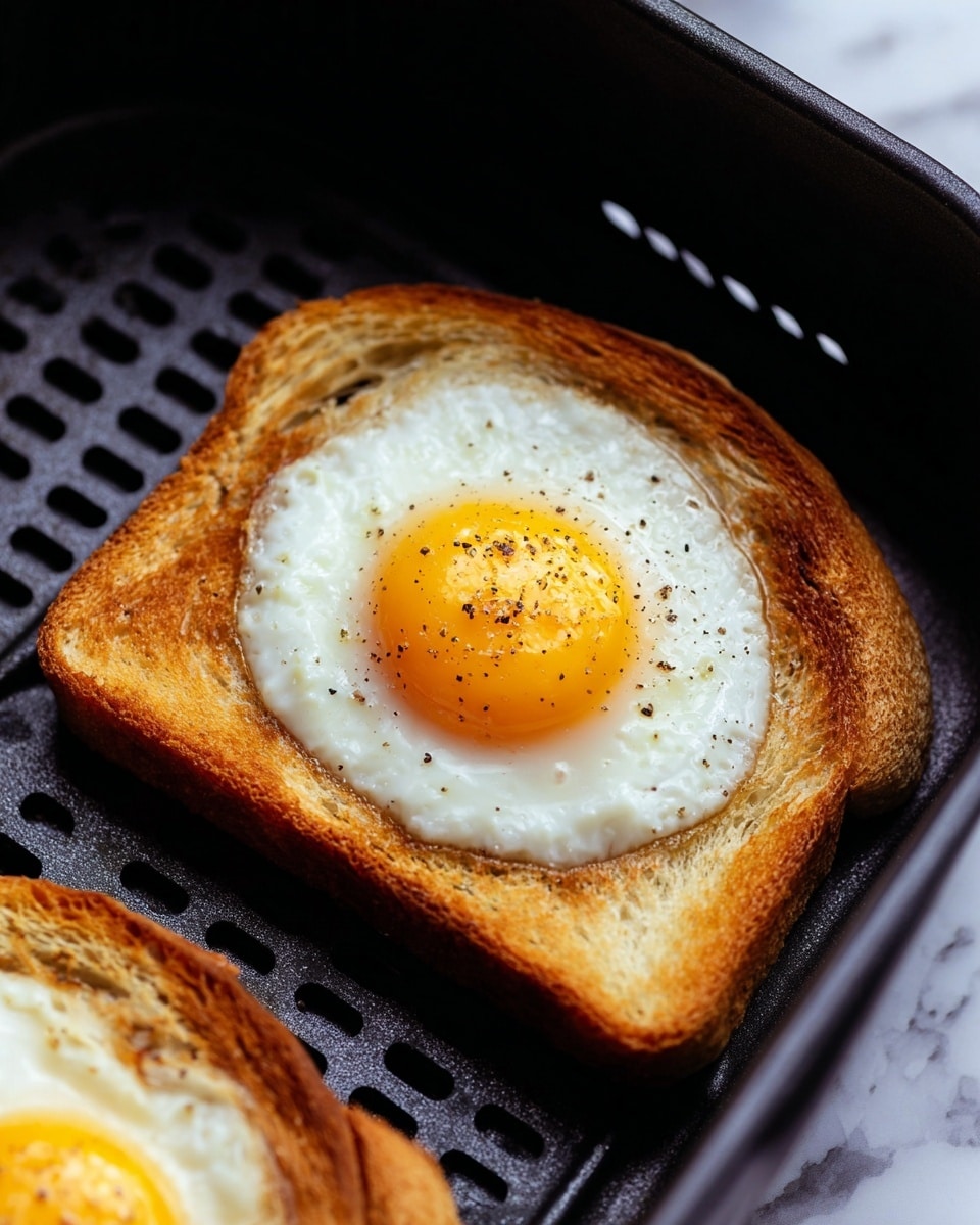 A piece of toasted bread with a crispy light brown texture forms the base layer. In the center of the toast, there is a perfectly cooked fried egg with a smooth, shiny white layer surrounding a glossy, yellow yolk that has some small black pepper specks on top. The toast and egg are placed on a black air fryer grill with ridges and holes visible underneath. To the right, a small part of another toast with a fried egg is slightly visible. The whole scene is set against a white marbled texture. photo taken with an iphone --ar 4:5 --v 7