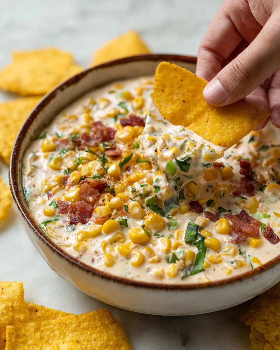 A close-up of a thick creamy dip in a white bowl with a brown rim, filled with shiny yellow corn kernels, bits of green herbs, small pieces of reddish bacon, and shredded pale orange cheese evenly mixed in a white sauce. A woman's hand is dipping a bright yellow crunchy chip into the creamy mixture, lifting a scoop covered with bits of corn, cheese, and herbs. The bowl is placed on a white marbled surface with a few more yellow chips scattered around. Photo taken with an iphone --ar 4:5 --v 7