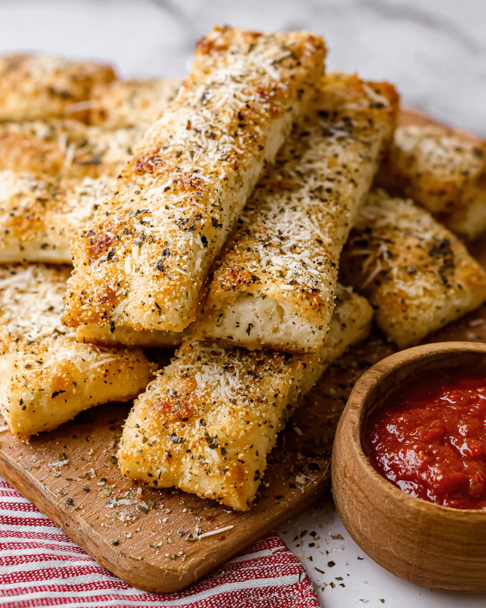 A close-up image shows several golden-brown breaded mozzarella sticks stacked on a worn wooden cutting board placed on a white marbled surface. One mozzarella stick, coated with crispy, seasoned breadcrumbs, is held by a woman's hand and is being dipped into a small round bowl filled with thick, bright red marinara sauce. The breadcrumbs are visible with specks of seasoning, and the red sauce clings to the tip of the cheese stick. A white cloth with red stripes lies to the bottom right of the wooden board. Photo taken with an iphone --ar 4:5 --v 7