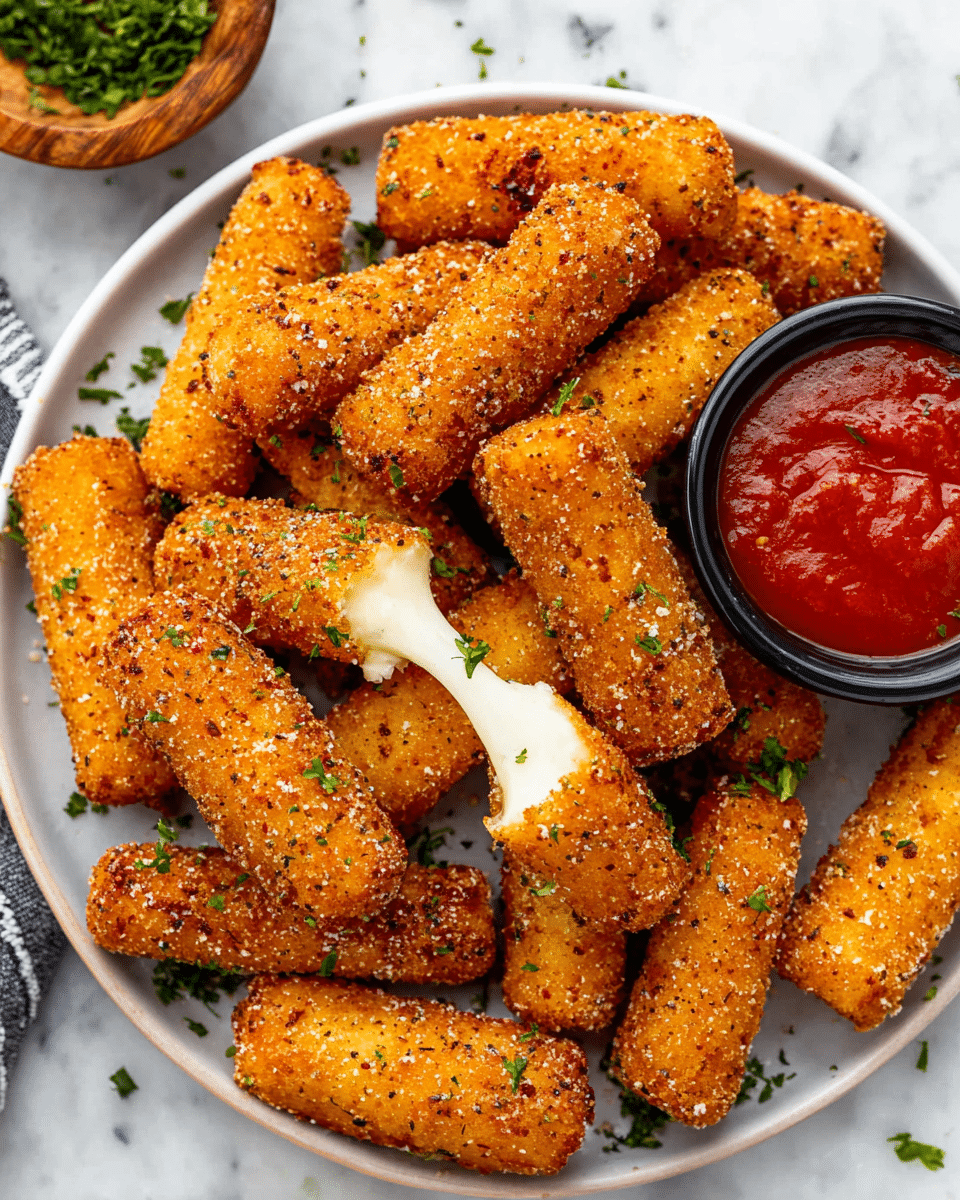 A round white plate filled with about a dozen golden brown fried mozzarella sticks, each coated in a crunchy bread crumb crust with small bits of seasoning visible on the surface. One mozzarella stick is broken open near the center, showing stretchy melted white cheese inside. The plate also has a small black bowl filled with smooth red marinara sauce on the right side. A few bits of green parsley are sprinkled lightly over the mozzarella sticks and around the plate. The plate sits on a white marbled surface with a wooden bowl of chopped green herbs visible in the upper left corner. photo taken with an iphone --ar 4:5 --v 7