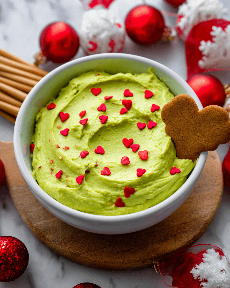 A white bowl filled with bright green creamy dip spread smoothly with swirls, decorated with small red heart-shaped sprinkles scattered on the top. One brown scalloped-edged cookie is partly dipped into the dip on the right side of the bowl. The bowl is placed on a wooden board, around which there are three rolled wafer sticks with light brown stripes placed diagonally on the top right, three more brown scalloped cookies at the bottom, a round light beige wafer to the right, and red shiny Christmas ornaments and small red heart sprinkles scattered on the wooden board. The background is a white marbled texture. photo taken with an iphone --ar 4:5 --v 7