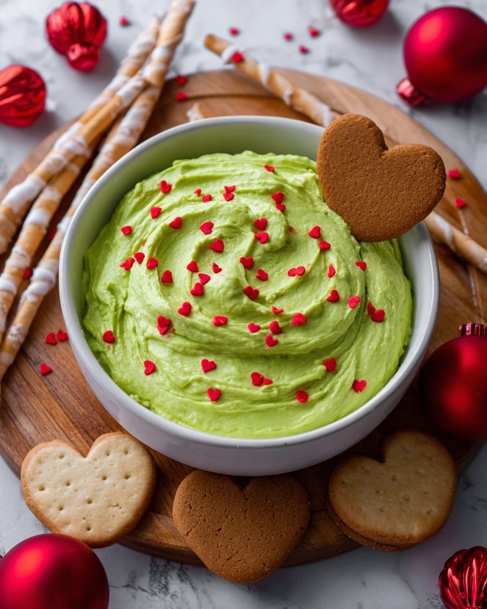 A white bowl filled with a smooth, thick layer of bright green creamy dip that has small red bits mixed inside. Red heart-shaped sprinkles are scattered over the top, adding bright pops of color. A single brown flower-shaped cookie is partially dipped into the dip near the bowl's edge. The bowl sits on a wooden board decorated with red round Christmas ornaments and light brown cookie sticks, all placed on a white marbled surface. photo taken with an iphone --ar 4:5 --v 7
