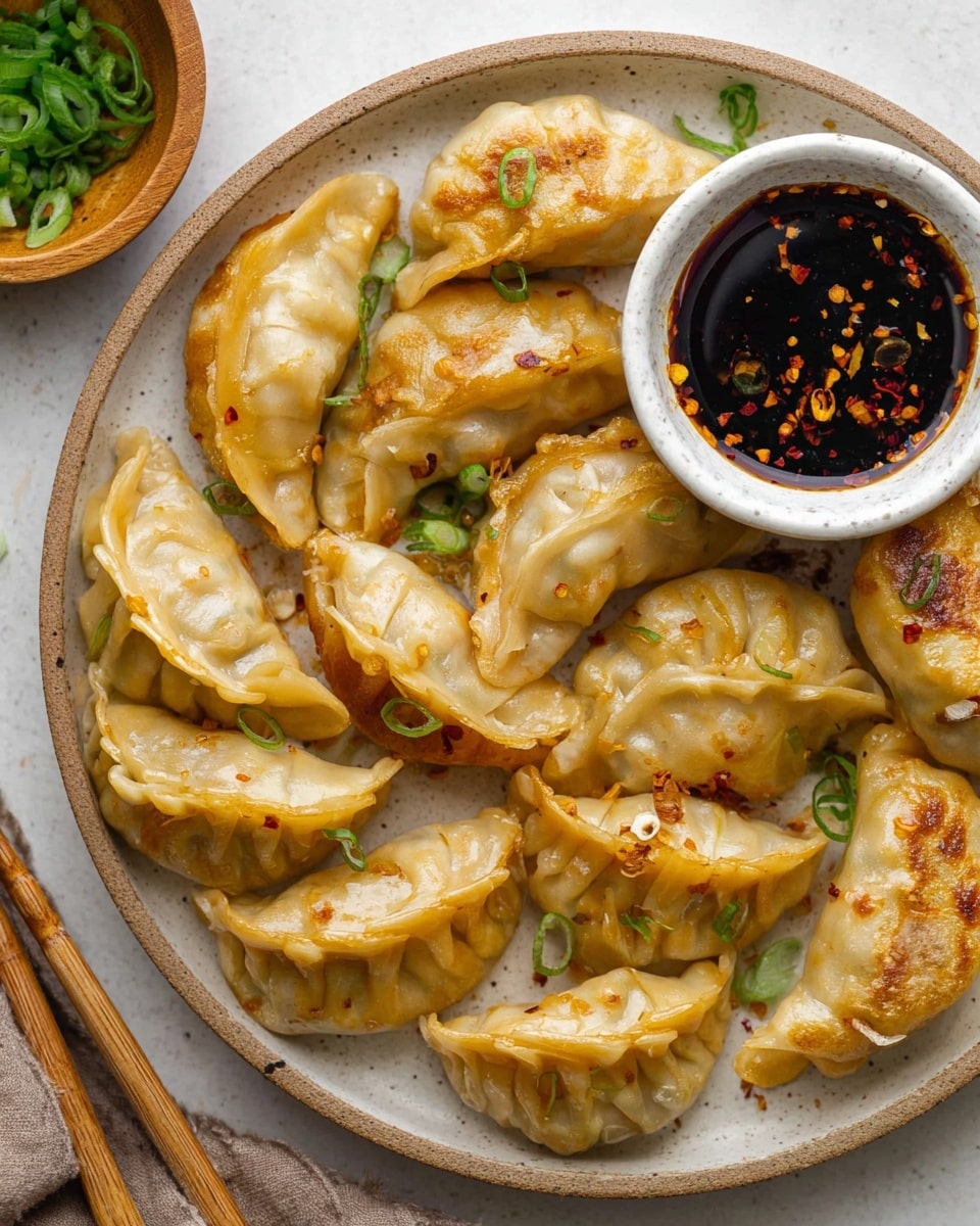 A white plate holds about thirteen golden-brown fried dumplings arranged close together, each with pleated edges and a shiny, slightly oily surface showing browned spots; beneath and around the dumplings there are small bits of green onions adding a fresh touch. On the right side of the plate, a small white bowl filled with dark soy dipping sauce speckled with red chili flakes sits, ready for dipping. Near the top left, a wooden bowl contains chopped green onions scattered around slightly on the white marbled surface. The whole scene looks vibrant and delicious, photo taken with an iphone --ar 4:5 --v 7