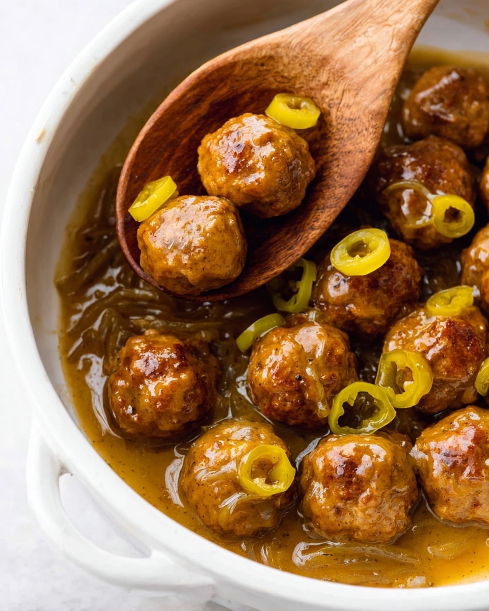 The image shows a close-up of a white bowl filled with several small round meatballs that are brown and shiny, covered in a light brown sauce. The sauce pools at the bottom of the bowl and includes thin, yellow-green slices of pepper scattered around and on top of the meatballs. A wooden spoon holds four meatballs slightly above the bowl, with some of the yellow-green pepper slices resting on them. The background surface is a white marbled texture. photo taken with an iphone --ar 4:5 --v 7