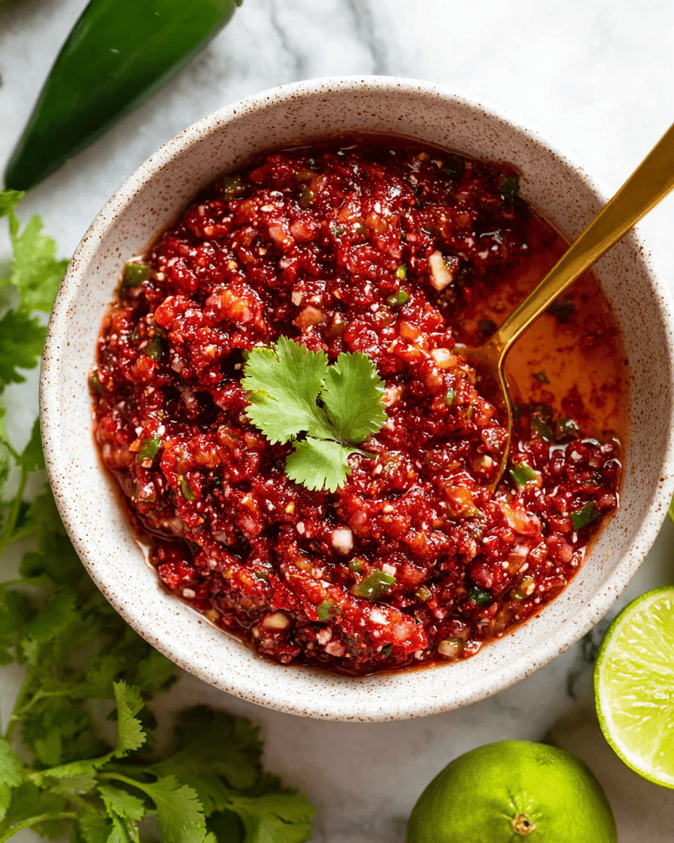 A close-up view of a thick, finely chopped red salsa or relish placed inside a round white bowl, showing a mix of red, green, and white bits with a slightly chunky and moist texture. In the center, there is a fresh green cilantro leaf on top of the salsa. A golden spoon is partially dipped into the salsa on the right side of the bowl, causing a small well in the mixture. Surrounding the bowl, there are two green peppers on the top left, a green lime on the top right with a squeezed half next to it, and fresh cilantro leaves at the bottom left, all set against a white marbled surface. photo taken with an iphone --ar 4:5 --v 7