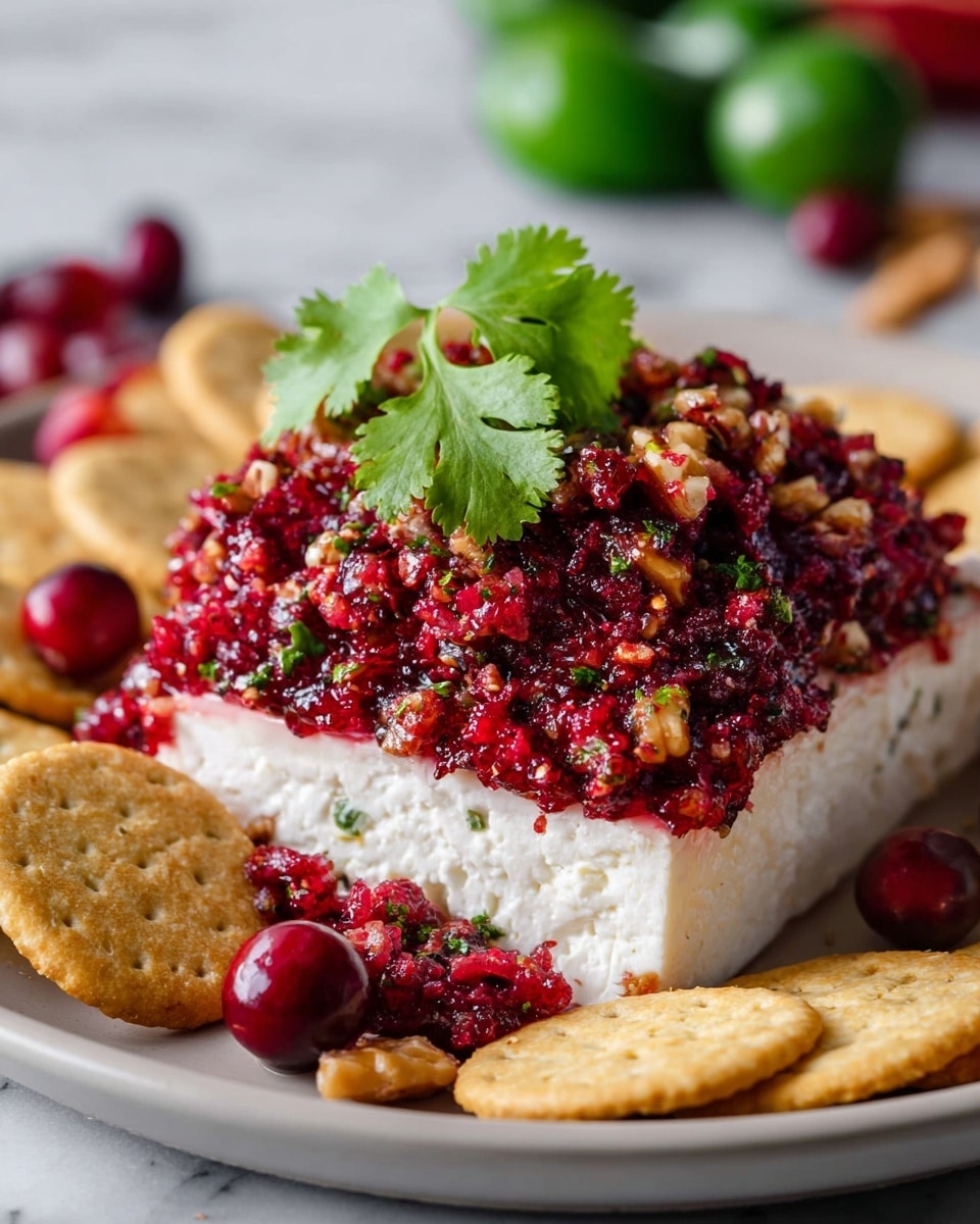 The image shows a soft white block of cheese placed in the middle of a white plate. The cheese is topped with a thick, chunky layer of bright red cranberry relish mixed with small bits of nuts or herbs, giving it a rough texture. Fresh green cilantro leaves rest on top of the cranberry layer, adding a fresh contrast. Around the cheese on the plate, there are a few round golden cracker pieces. The setting features a white marbled surface with some blurred green jalapenos and cranberries in the background. Photo taken with an iphone --ar 4:5 --v 7