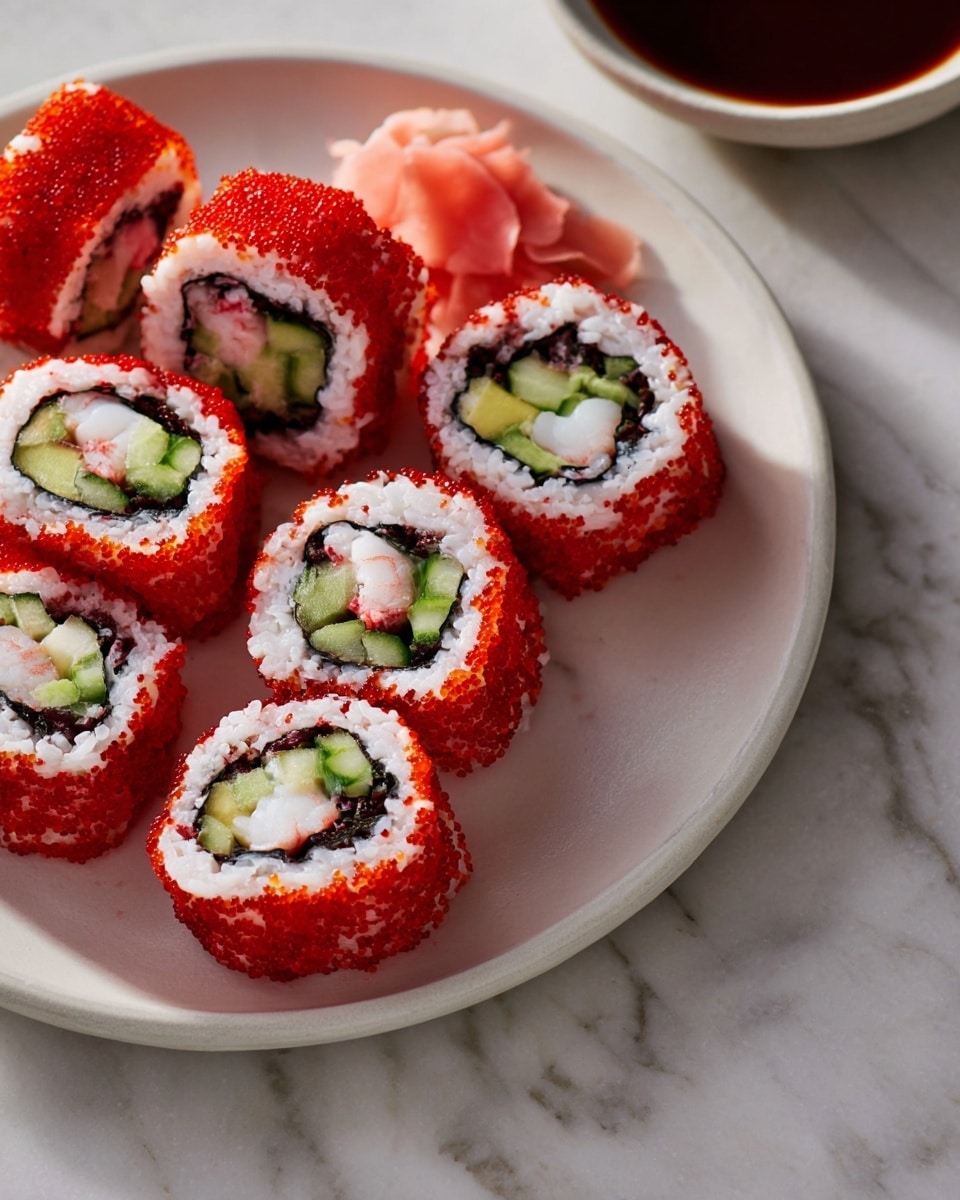 The image shows six pieces of sushi rolls arranged on a white plate with a smooth texture, placed on a white marbled surface. Each sushi piece has an outer layer of white rice covered with bright red fish roe. Inside, there is a dark seaweed wrap followed by a stuffing of green cucumber sticks and avocado slices, and a white shrimp or prawn at the center. The sushi pieces are round in shape and appear fresh and moist. On the side of the plate, there is a small amount of light pink pickled ginger. photo taken with an iphone --ar 4:5 --v 7