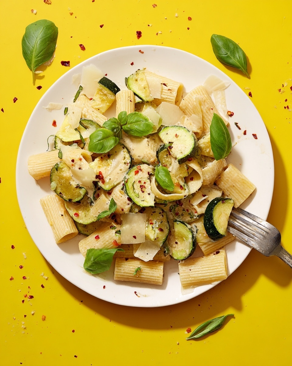 The image shows a white plate filled with rigatoni pasta mixed with slices of cooked zucchini, soft creamy sauce, and some shaved cheese pieces scattered on top. There are fresh bright green basil leaves placed across the dish, along with small red chili flakes and black pepper sprinkled evenly over everything. A silver fork rests on the right side of the plate, its prongs holding a piece of zucchini and a basil leaf. The plate sits on a bright yellow background with a few chili flakes and basil leaves scattered around. photo taken with an iphone --ar 4:5 --v 7