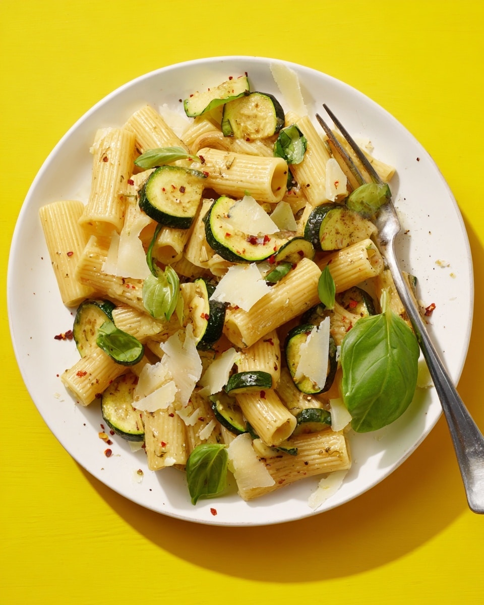 The image shows a white plate filled with rigatoni pasta mixed with cooked slices of zucchini. The rigatoni is light yellow with a smooth texture, and the zucchini slices are green with a grilled look. Scattered on top are small green basil leaves, thin white shaved cheese pieces, and red pepper flakes for a touch of color. A silver fork is placed on the right side of the plate with one basil leaf resting on it. The plate sits on a bright yellow surface. photo taken with an iphone --ar 4:5 --v 7
