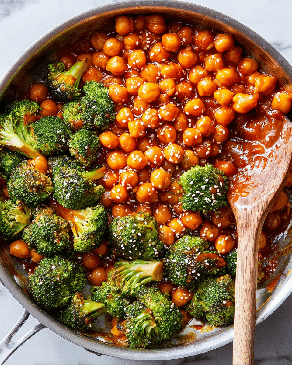 This image shows a close-up of a pan filled with a chickpea and broccoli dish. The dish has two main layers: bright orange chickpeas coated in a shiny, thick sauce and vibrant green broccoli florets that appear steamed or lightly cooked. The chickpeas are round and smooth, while the broccoli has a textured and slightly charred look. Small white sesame seeds are sprinkled on top, adding detail and contrast. A wooden spoon rests on the right side of the pan, partially covered with the sauce and vegetables. The pan itself is silver and sits on a white marbled surface. photo taken with an iphone --ar 4:5 --v 7