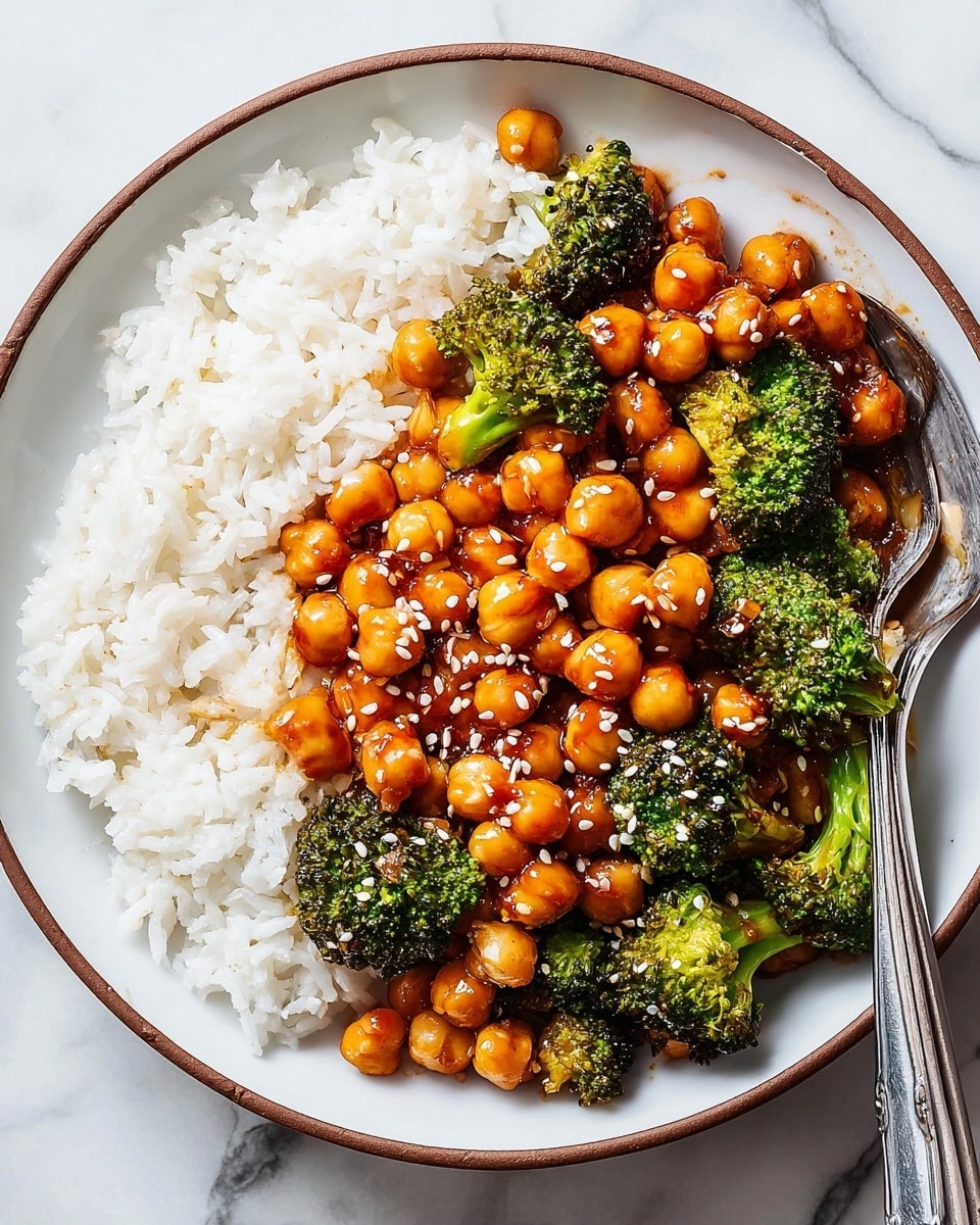 The image shows a round white plate with a thin brown edge, placed on a white marbled surface. On the plate, there are two main sections: on the left, a layer of fluffy white rice with visible grains, while on the right, a generous serving of chickpeas coated in a shiny, reddish-brown sauce mixed with vibrant green broccoli florets. The chickpeas and broccoli are sprinkled with small white sesame seeds, adding texture. A silver fork rests on the right side of the plate, partially touching the chickpeas. The overall composition is colorful and inviting, with a mix of soft and crunchy textures. Photo taken with an iphone --ar 4:5 --v 7