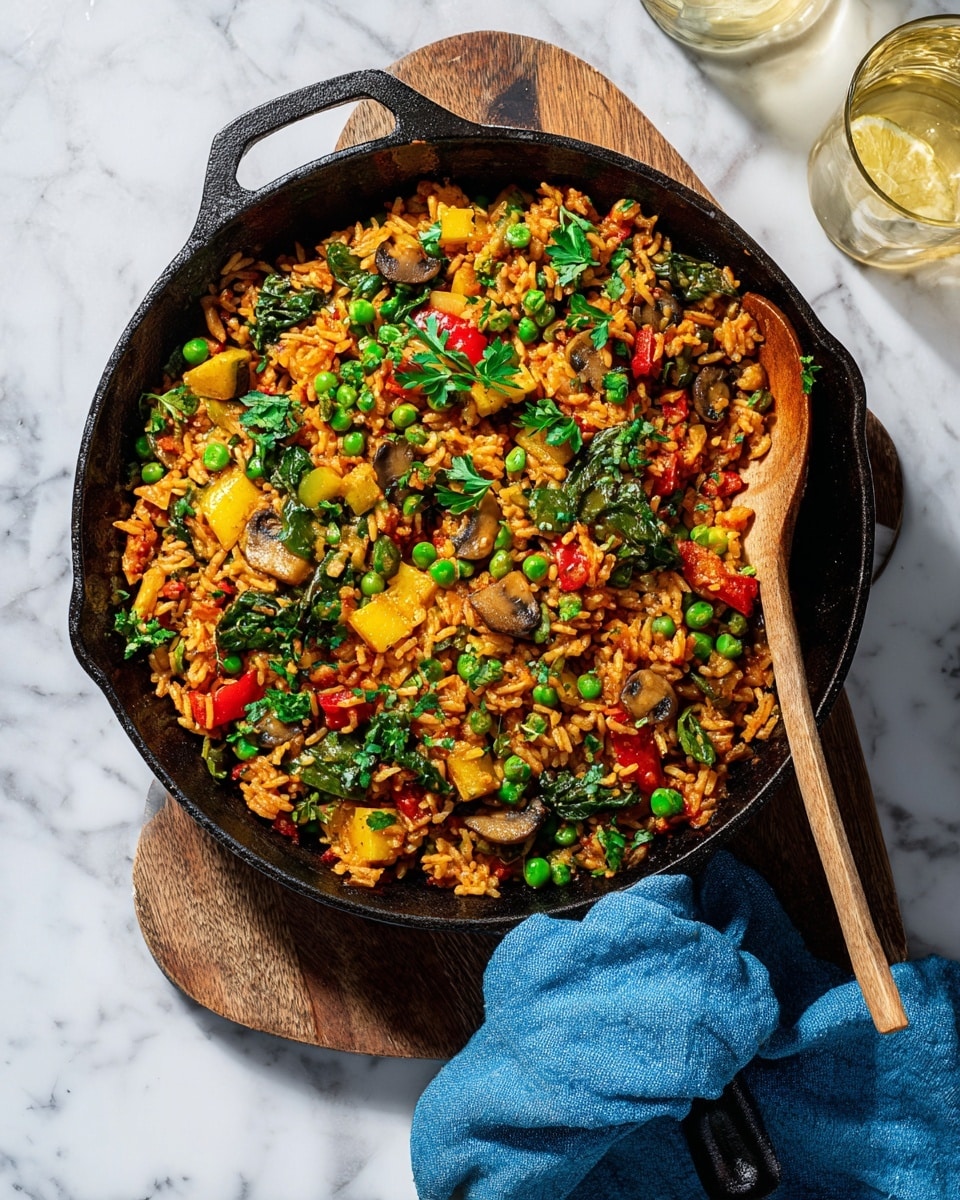 A black cast iron pan filled with a colorful mix of cooked rice and vegetables sits on a wooden board against a white marbled background. The dish has bright green peas and spinach leaves layered throughout, with chunks of yellow squash, red bell peppers, and bits of mushrooms scattered all over. The rice is orange-tinted from seasoning and mixed evenly with diced onions and chopped herbs. A wooden spoon is nestled in the pan, partially covered by the food. Fresh parsley leaves are sprinkled on top, adding a fresh green touch. A blue cloth is partially wrapped around the pan’s handle. Photo taken with an iphone --ar 4:5 --v 7