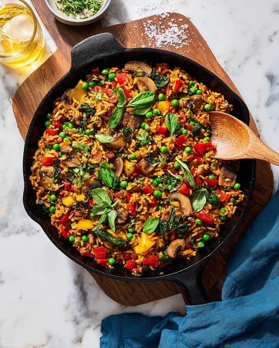 A black cast iron skillet filled with a colorful vegetable rice dish sits on a wooden board over a white marbled surface. The dish has one main layer of cooked rice mixed with green peas, diced red and yellow bell peppers, sliced mushrooms, chopped onions, and visible spinach leaves scattered on top. The rice is golden brown and mixed with small green herbs and bits of cooked tomato, giving the dish a vibrant, textured look. A wooden spoon is partially inserted in the rice, resting against the edge inside the skillet. Some coarse salt and fresh green herbs are sprinkled beside the skillet, with a corner of a blue cloth visible to the right. photo taken with an iphone --ar 4:5 --v 7