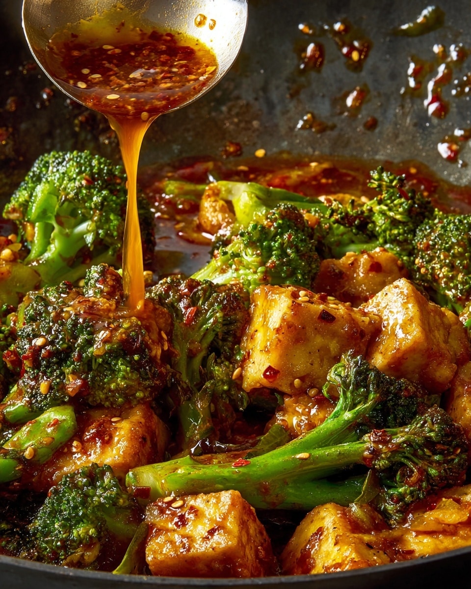 The image shows a close-up of a pan containing a saucy stir-fry dish with three main layers: bright green broccoli florets with a slightly charred texture, golden-brown tofu cubes with a crispy surface, and a thick reddish-brown sauce that coats everything evenly with visible bits of spices and sesame seeds. A ladle is pouring more sauce over the dish, with a single drop hanging mid-air, adding a shiny, glossy effect to the scene. The background is a dark cooking surface with scattered sauce drops, all contrasted by the rich colors and textures of the stir-fry. photo taken with an iphone --ar 4:5 --v 7